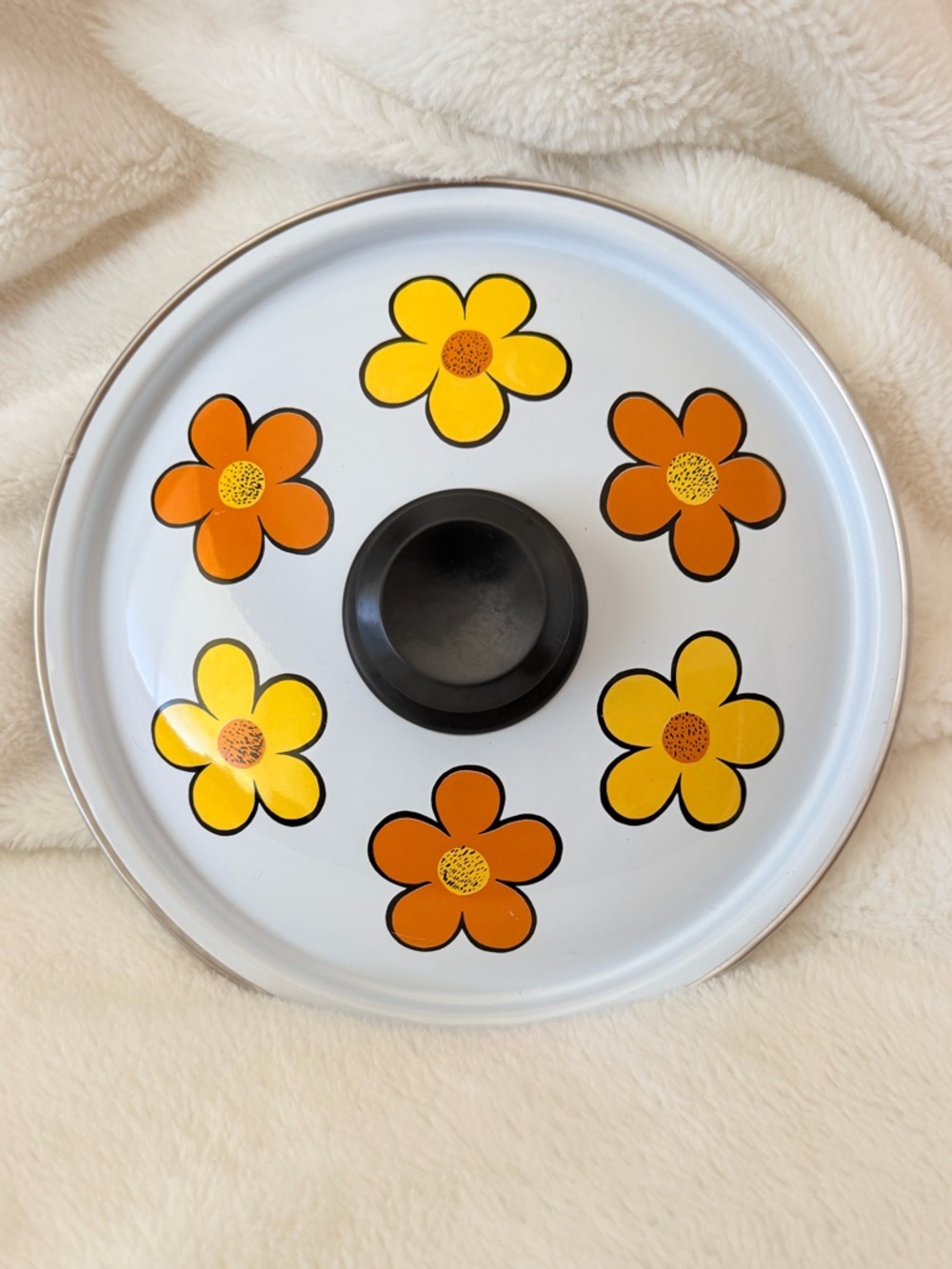 Vintage 70s Retro Enamel Cookware Lid with Orange Yellow Floral Print - Lid Only